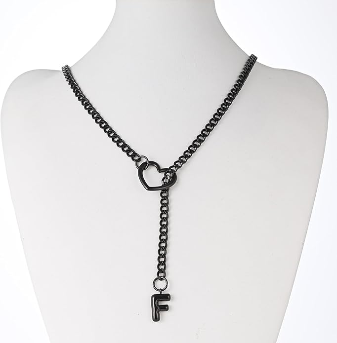 Black Heart Slip Chain Initial Necklaces for Women,Stainless Steel O-Ring Adjustable Lariat Heart Y-Necklace,Punk Gothic Cuban Collar Choker Necklace for women