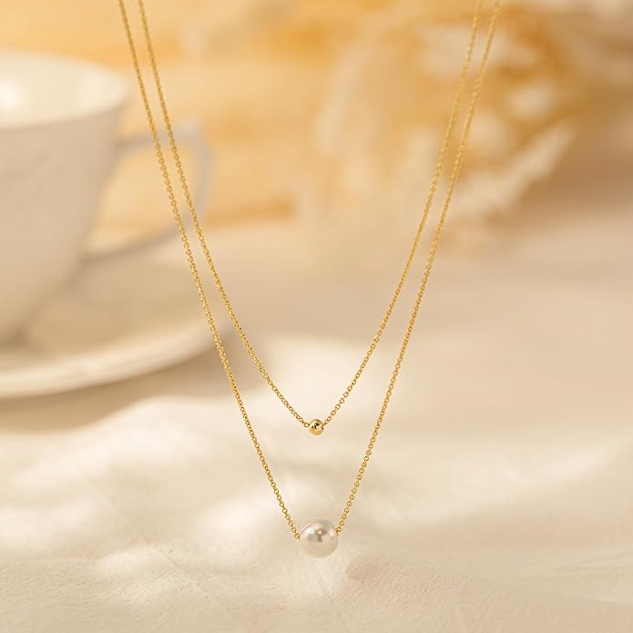 Pearl Necklaces for Women-14k Gold Plated Layered-Single Pearl Necklace Simple Pearl Choker Necklaces for Women Trendy Cute Gold Necklace Jewelry for Women Gifts