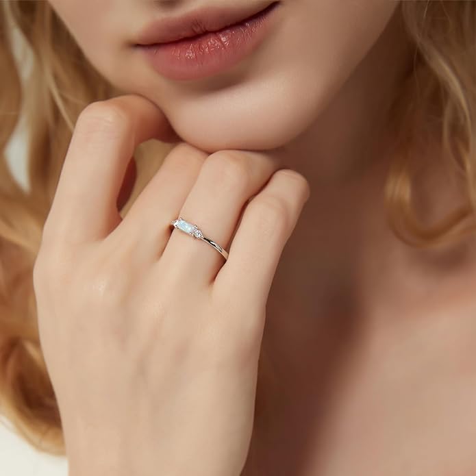 SHINYSO 14K Gold Plated Wedding Bands for Women Baguette Opal Ring Cubic Zirconia CZ Pave Thin Stackable Anniversary Rings for Her Size 4-10