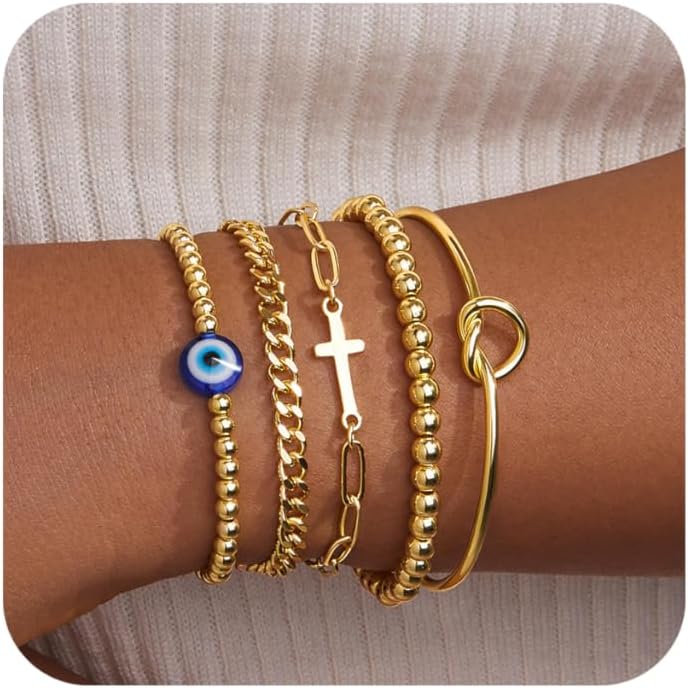 Gold Bracelets Set for Women Stack, Dainty Thick Bracelets Stack for Women Trendy, Simple Thin Gold Plated Cuff Stackable Bracelets With Beaded Cuban Paperclip Snake Rope Bangle Hand Chain Jewelry Gifts for Women Non Tainish