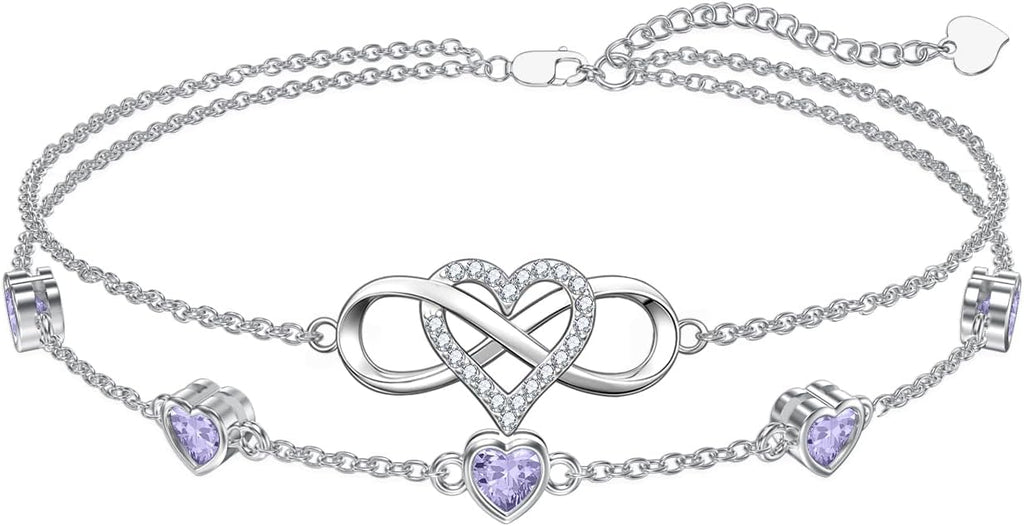 Dorunmo 925 Sterling Silver Infinity Heart Birthstone Anklet Bracelets for Women Best Mother's Day Birthday Jewelry for Wife Girlfriend Mom Her