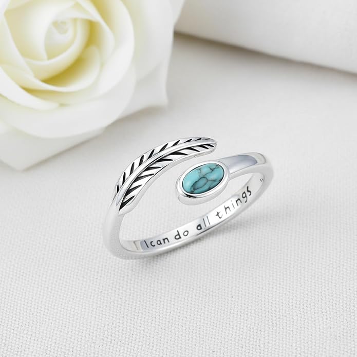 Turquoise/Moss Agate/Moonstone/Black Onyx/Lapis Lazuli/Labradorite/Tiger Eye Feather Ring 925 Sterling Silver Adjustable Ring Western Thumb Rings Vintage Jewelry Gifts for Women