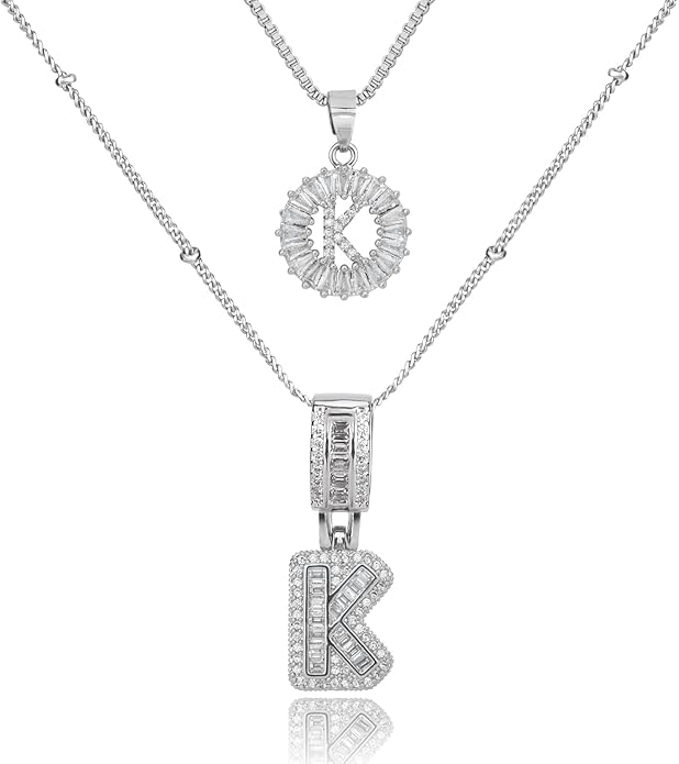 Initial Letter Necklace for Women 14k White Gold Silver Plated Dainty Necklaces Trendy Chunky Custom Layered Necklace Set Personalized Round Circle Zirconia A-Z Letter Chain Pendant Jewelry Gift