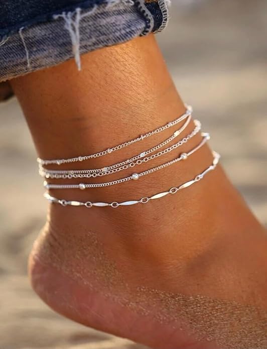 Anklets for Women 14K Gold Silver Plated Ankle Bracelets Trendy Waterproof Boho Anklets Set Adjustable Dainty Cute Diamond Beaded Heart Non Tarnish Summer Beach Jewelry Gift