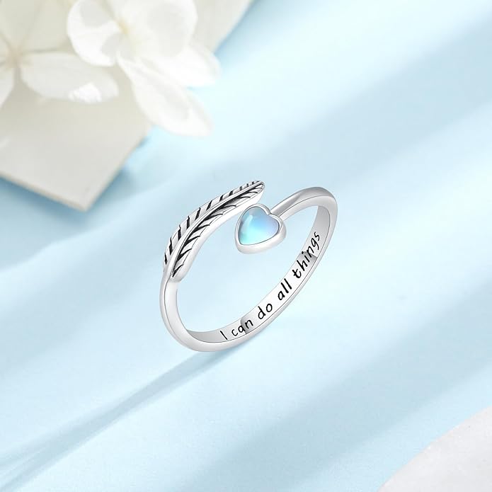 Turquoise/Moss Agate/Moonstone/Black Onyx/Lapis Lazuli/Labradorite/Tiger Eye Feather Ring 925 Sterling Silver Adjustable Ring Western Thumb Rings Vintage Jewelry Gifts for Women