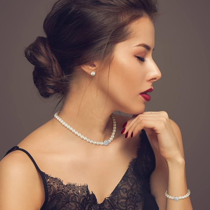 Glenmal Pearl Rhinestone Jewelry Set for Women Pearl Necklace Bracelet Earrings for Wedding Birthday Bridal Shower Tea Party