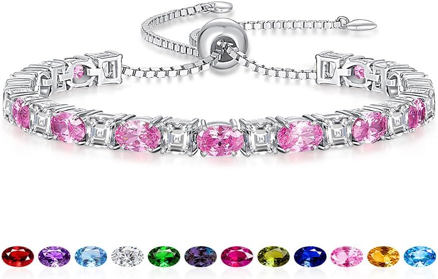 Sterling Silver Birthstone Bracelets for Women White Gold Tennis Bracelets Adjustable Chain 6-9 Inchs Jewelry Hypoallergenic Anniversary Birthday Gifts for Women Mom Wife Her