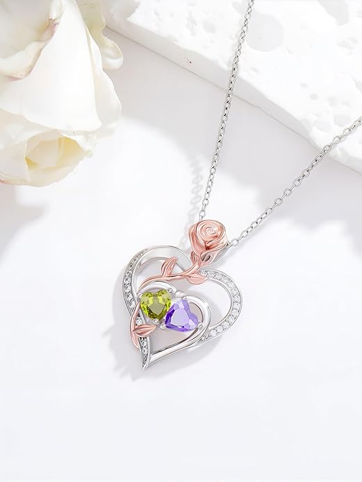 Rose Flower Heart Pendant for Women Birthday Gifts 18k Gold Plated Mother Daughter Necklace with 12 Months Birthstone Christmas Valentines Day Gifts for Her Mom Anniversarry Jewelry for Mom Wife Girlfriend