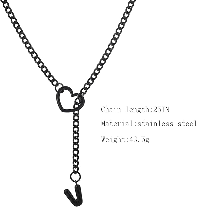 Black Heart Slip Chain Initial Necklaces for Women,Stainless Steel O-Ring Adjustable Lariat Heart Y-Necklace,Punk Gothic Cuban Collar Choker Necklace for women