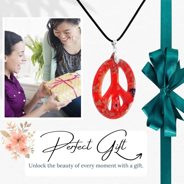 BESHEEK Murano Inspired Peace Sign Blown Glass Lampwork Art Pendant Necklace for Women Handcrafted Artisan Hypoallergenic Italian Style Jewelry