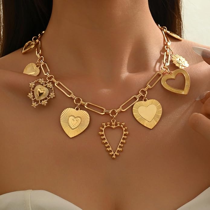 Chunky Gold Necklace Big Heart Necklace for Women Silver Large Statement Necklaces Thick Bold Chain Puffy Love Heart Charm Necklaces for Women with OT Toggle Silver Chunky Gold Jewelry Trendy Valentine's Day Gift