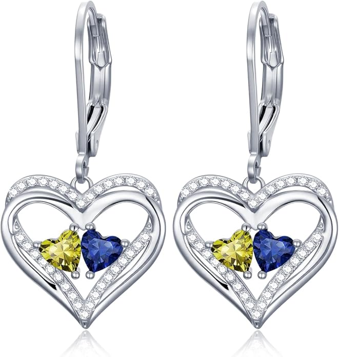 Valentines Day Gifts for Women, Heart Leverback Earrings Double Birthstone Dangle Earrings for Women, Love Jewelry for Her, Anniversary Birthday Gift for Mom Wife Girlfriend