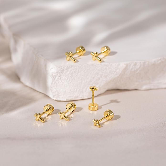 VRIUA 20G Tiny Flat Back Earrings for Women - 14K Gold/Silver Plated Small Flat Back Stud Earrings Hypoallergenic Cartilage Helix Piercing Jewelry