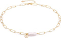 Aobei Pearl 18K Gold Plated Paperclip Chain Choker Satellite Chain Freshwater Cultured Biwa Pearl Pendant Necklace Dainty Jewelry for Women