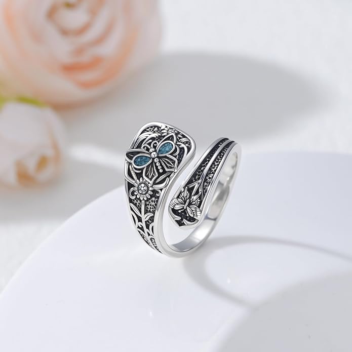 Spoon Ring for Women S925 Sterling Silver Dragonfly Ring Adjustable Thumb Rings Jesus Fish Rings Spoon Jewelry for Brithday Christmas