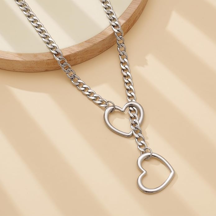 Heart Slip Chain Necklaces for Women,Stainless Steel O-Ring Adjustable Lariat Y-Necklace,Punk Gothic Cuban Collar Choker Necklace for women