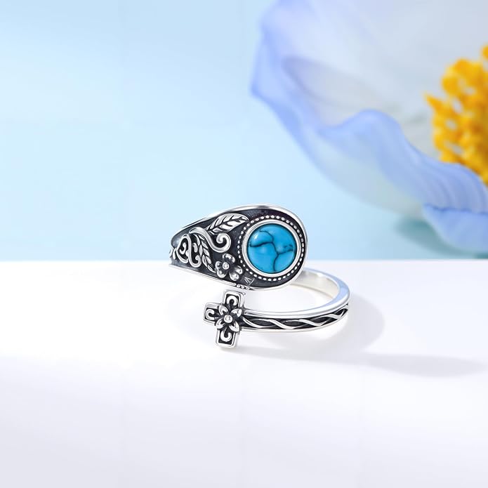 PELOVNY Spoon Rings for Women 925 Sterling Silver Vintage Cross Tree of Life Turquoise Adjustable Thumb Rings Jewelry Gifts for Women Men
