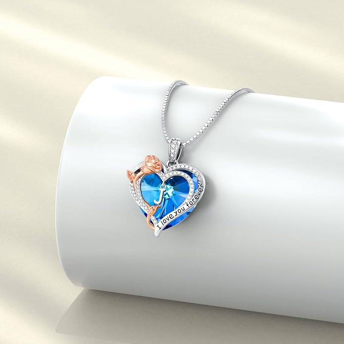 PELOVNY Rose Heart Initial Necklaces for Women S925 Sterling Silver Alphabet Letter Crystal Necklace Initial Pendant Jewelry Gifts for Mom Daughter Wife