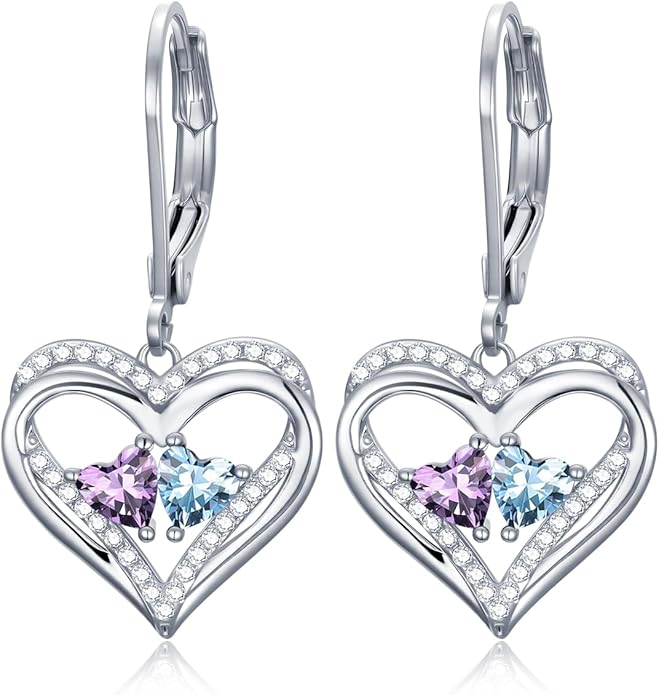Valentines Day Gifts for Women, Heart Leverback Earrings Double Birthstone Dangle Earrings for Women, Love Jewelry for Her, Anniversary Birthday Gift for Mom Wife Girlfriend