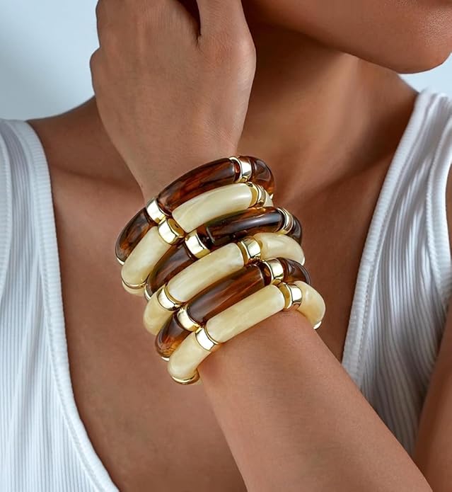 iF YOU 6pcs Chunky Acrylic Bangle Bracelets for Women, Resin Bamboo Brown Stretchy Bracelet Stack, Fashion Jewelry for Women