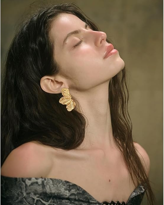 Chunky Gold Statement Earrings For Women Gold Plated Sectored Flower Leaf Shell Angel Wing Earrings Trendy Boho Jewelry For Women Large Stud Earrings Hypoallergenic Earrings