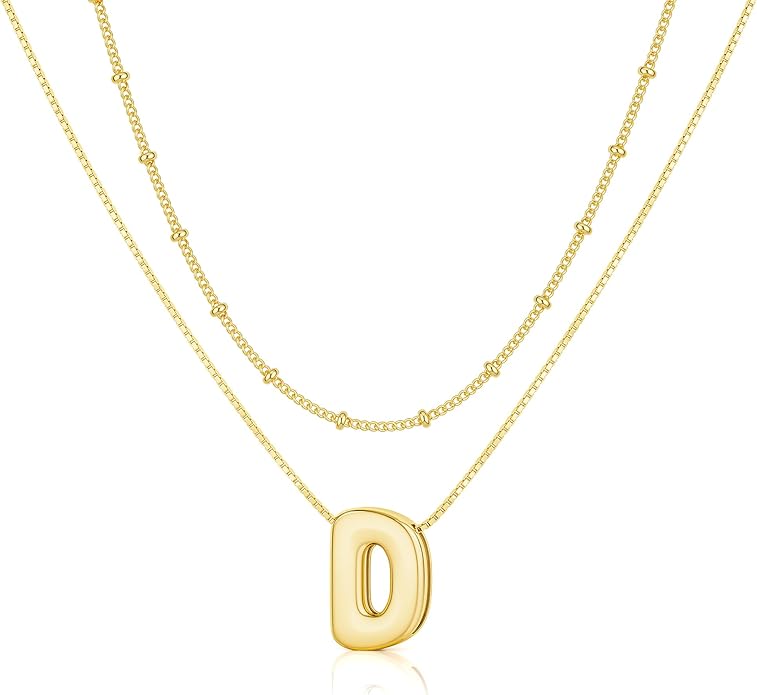 Initial 14K Gold Plated Necklaces for Women, Layered Bubble Letter A-Z Necklace Pendant Choker Necklaces for Women Trendy Monogram Name Necklace Personalized Jewelry for Women