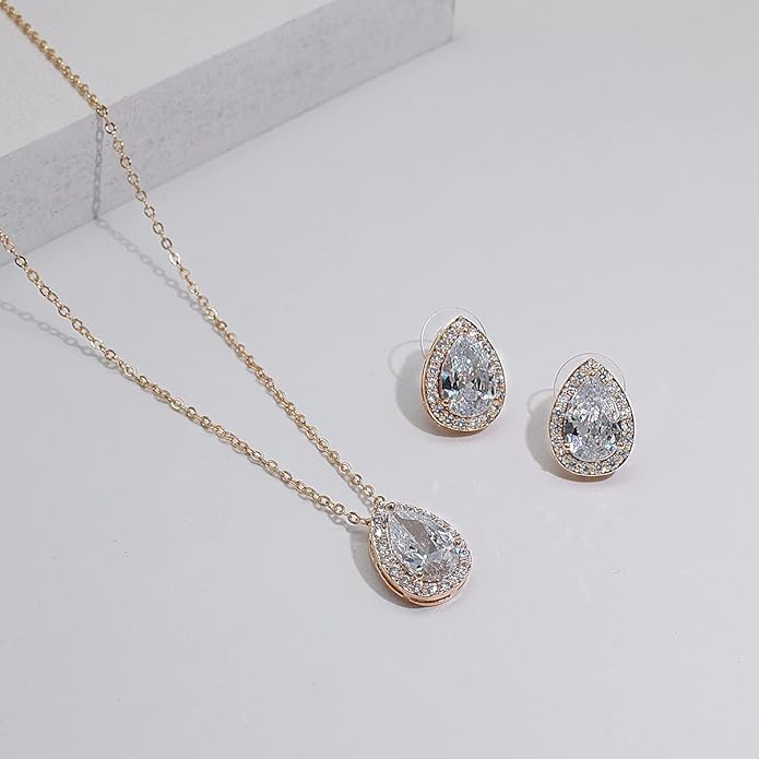 UDYLGOON Imitation Cubic Zironia Diamond Teardrop Earrings Necklace Bracelet Jewelry Set For Bride Bridesmaids Bridal Wedding Party Prom Jewelry Gift