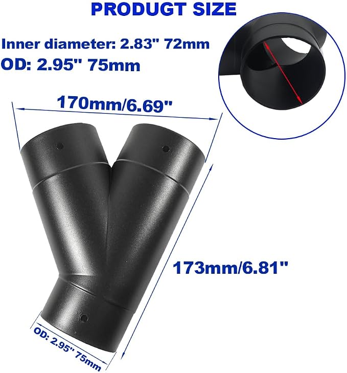 Y Fitting, 3 inch 75mm 3 Way Ducting Pipe Y Shape Outlet Connector Duct Pipe - Image 2