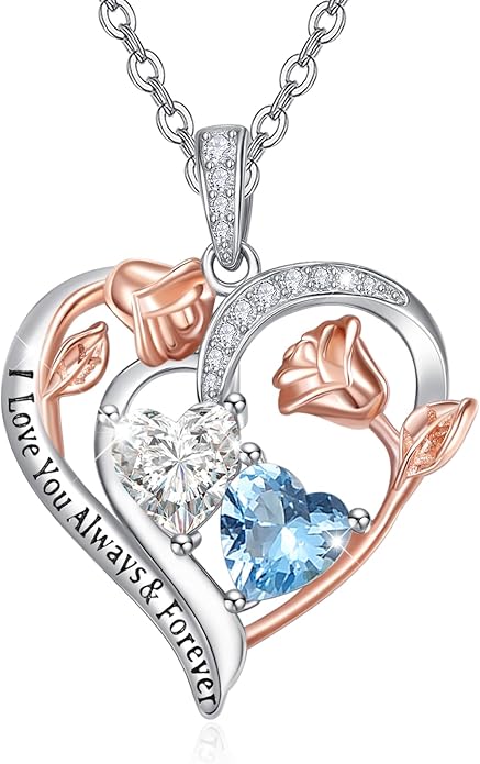 Valentine's Day Gifts for Wife 925 Sterling Silver Double Birthstone Pendant Necklaces I Love You for Always and Forever Necklace Anniversary Birthday Gifts for Wife Girlfriend Mom Her