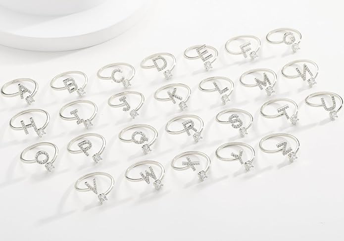 Valentines Day Gifts Gold Silver Initial Rings for Women Non Tarnish Dainty 14k Gold Plated Stackable Rings for Women Trendy Adjustable Letter Cubic Zirconia Pinky Ring Cute Open Birthday Gift Jewelry