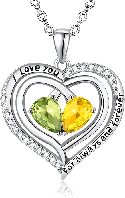 Valentine's Day Gifts for Wife 925 Sterling Silver Double Birthstone Pendant Necklaces I Love You for Always and Forever Necklace Anniversary Birthday Gifts for Wife Girlfriend Mom Her