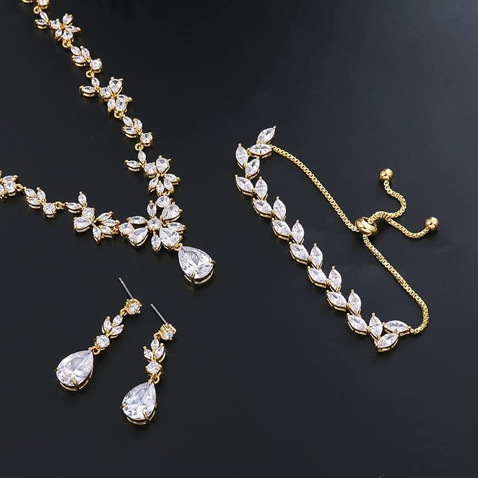 Bridal Wedding Jewelry CZ Set Marquise Teardrop Cubic Zirconia Pendant Necklace and Dangle Earring Bracelet Sets for Women