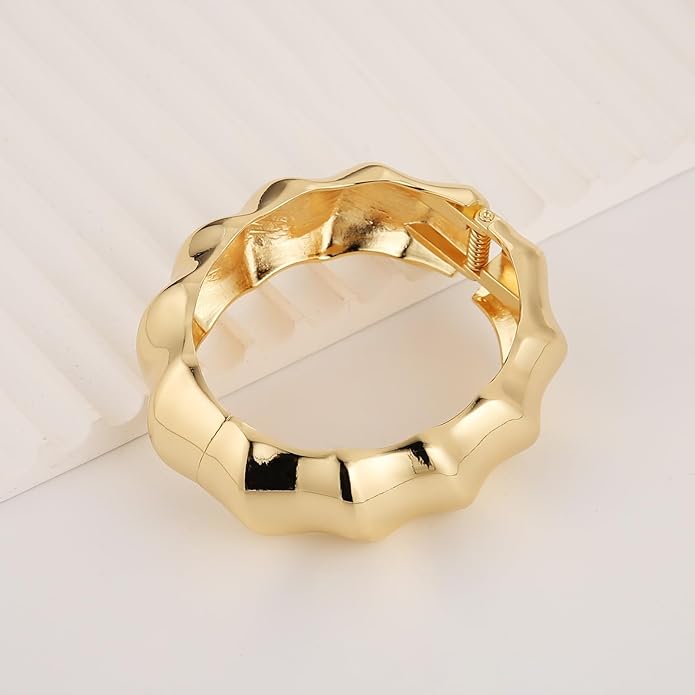 HZMAN 18K Gold Plated Wide Cuff Bracelet for Women - Premium Alloy Shiny Polished Double Layer Statement Bangle, Trendy Daily Wear Party Jewelry Accessory