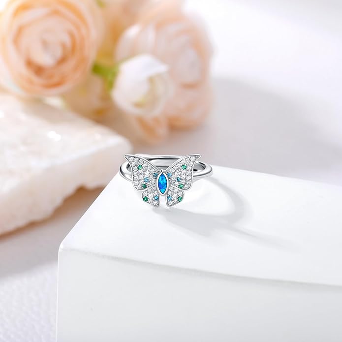 Sterling Silver Blue Butterfly Opal Rings for Women,Butterfly Open Ring Butterfly Ring Butterfly Adjustable Ring Opal Ring Jewelry Gift for Hers Ring Adjustable Size 6-9-1