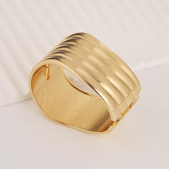 HZMAN 18K Gold Plated Wide Cuff Bracelet for Women - Premium Alloy Shiny Polished Double Layer Statement Bangle, Trendy Daily Wear Party Jewelry Accessory
