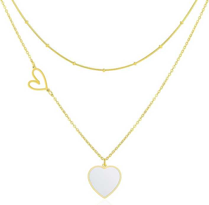 Linawe Layered Choker Heart Pendant Necklace for Women Trendy, Gold/Silver/Rose Gold Chain Stainless Steel Stacked Necklaces, Double Heart Necklace Y2K Preppy Jewelry