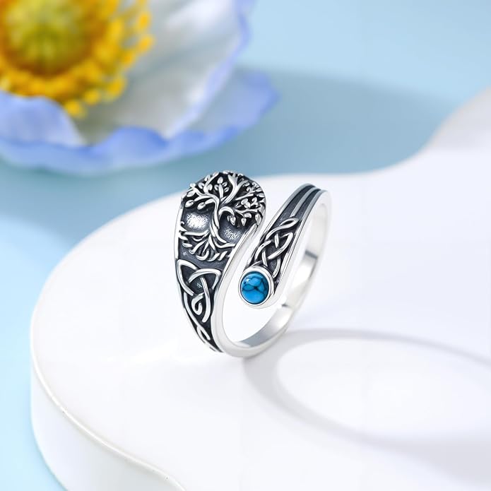 PELOVNY Spoon Rings for Women 925 Sterling Silver Vintage Cross Tree of Life Turquoise Adjustable Thumb Rings Jewelry Gifts for Women Men
