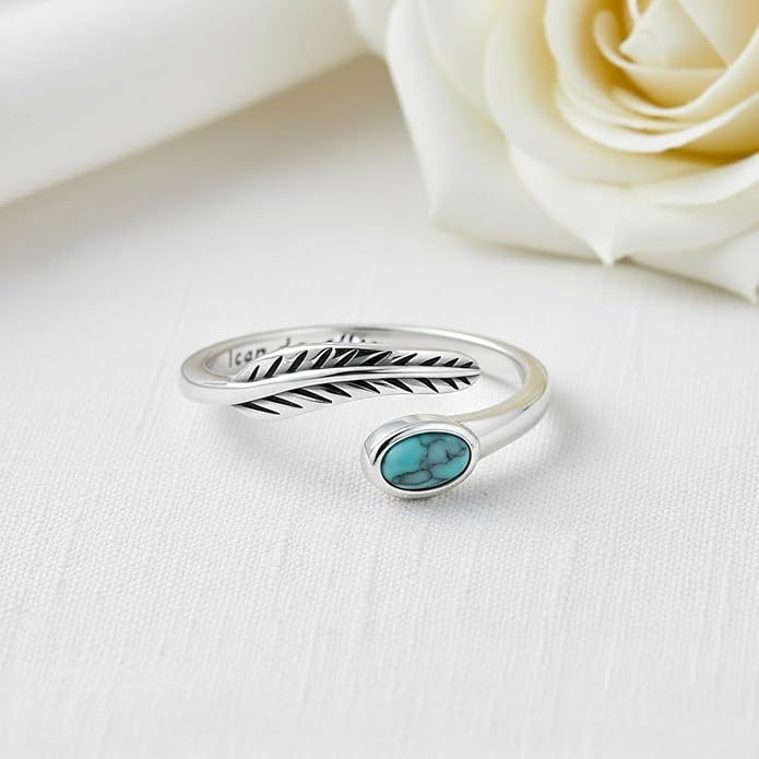 Turquoise/Moss Agate/Moonstone/Black Onyx/Lapis Lazuli/Labradorite/Tiger Eye Feather Ring 925 Sterling Silver Adjustable Ring Western Thumb Rings Vintage Jewelry Gifts for Women