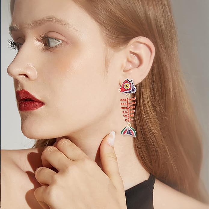 Creative Exaggerated Long Colorful Sparkly Crystal Fish Bone Dangle Drop Earrings Vintage Gold Cute Enamel Diamond Animal metal Stud Earrings