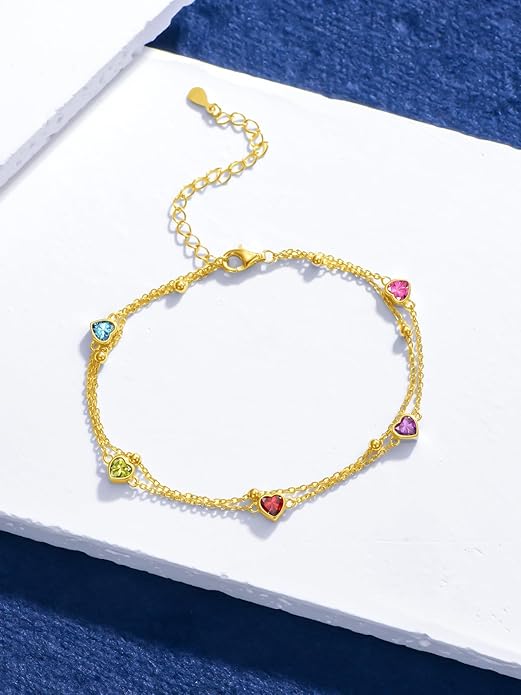 Birthstone Anklet/Bracelets for Women 925 Sterling Silver Charm Link Double Strand Heart Birthstone Jewelry Gift for Wife Women Mother's Day Gift