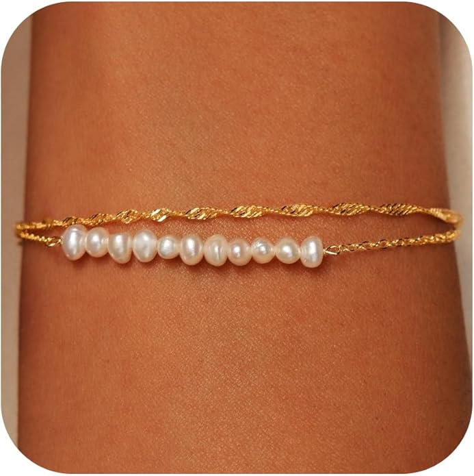 SLOONG Valentines Day Gifts for Her Gold Pearl Bracelets, 18K Real Gold Plated Dainty Stackable Snake Chain CZ Heart Pendant Bracelets, Layered Waterproof Jewelry Gift for Women Adjustable 6"+2"