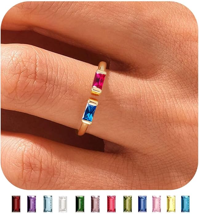 WFYOU Gold Birthstone Rings for Women - Non Tarnish Dainty 14K Gold Plated Stackable CZ Rings for Her & Couples - Personalized Jewelry Gift for Birthday