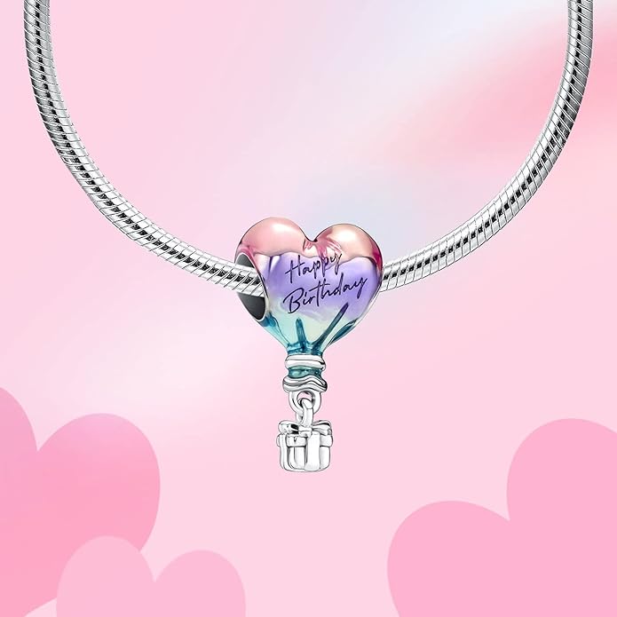 Birthday Fashion Love Heart Dangle Charm 925 Sterling Silver Charms fits Bracelets and Necklace Pendant Bead Charms Jewelry Present for Women Family Friends