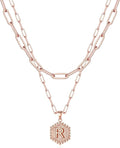 M MOOHAM Valentines Gifts for Women Teen Girls, 14K-Gold-Plated Initial Necklaces for Women Cute Hexagon Letter Initial Necklace Layered Necklaces for Womens Teen Girl Valentines Jewelry Gifts