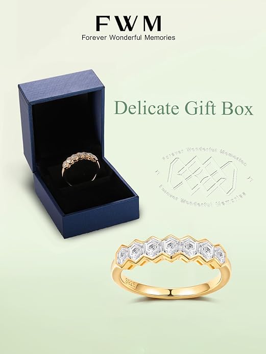 FWM D Color VVS1 Clarity Moissanite Hexagonal Eternity Rings for Women, Solid 925 Sterling Silver, Size 4-11, Stackable Wedding Band, Anniversary Mothers Day Valentines Jewelry