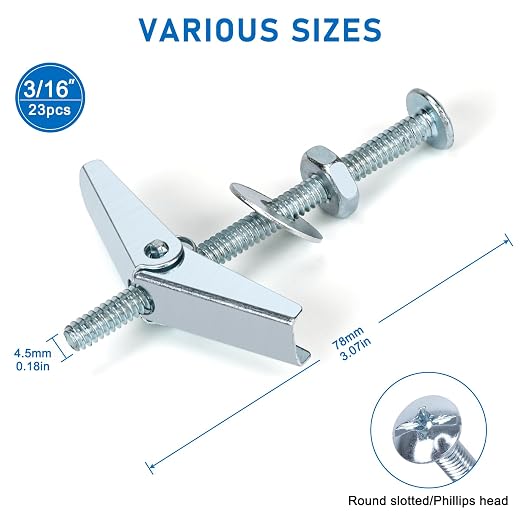 92pcs 3/16 Inch Heavy Duty Drywall Anchors, 23 Sets | Toggle Bolts and Wing - Image 2