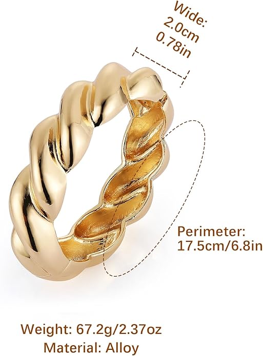 HZMAN 18K Gold Plated Wide Cuff Bracelet for Women - Premium Alloy Shiny Polished Double Layer Statement Bangle, Trendy Daily Wear Party Jewelry Accessory