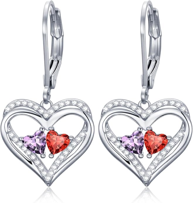 Valentines Day Gifts for Women, Heart Leverback Earrings Double Birthstone Dangle Earrings for Women, Love Jewelry for Her, Anniversary Birthday Gift for Mom Wife Girlfriend