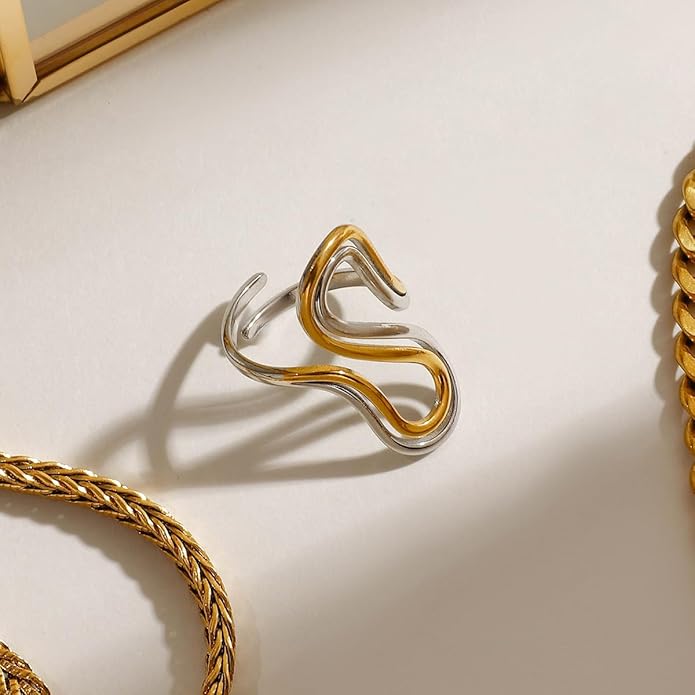 Chunky Rings For Women, Gold Silver Thumb Ring Asymmetrical Wavy Curve Ring Adjustable Non Tarnish Dainty Stainless Steel New Year Anniversary Birthday Jewelry Gift
