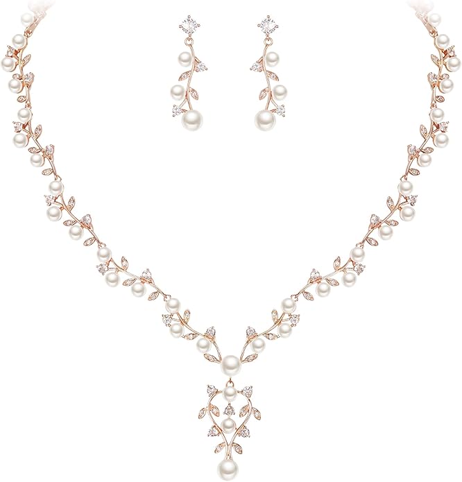 EVER FAITH Bridal Cubic Zirconia Jewelry Sets for Women, White Simulated Pearl Leaf Vine Pendant Wedding Party Necklace Earrings Set for Bridesmaid Bride